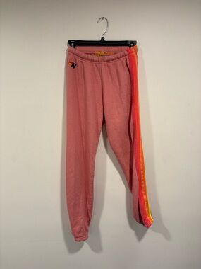 Aviator Nation Rose Pink Sweatpants with Rainbow Side Stripe